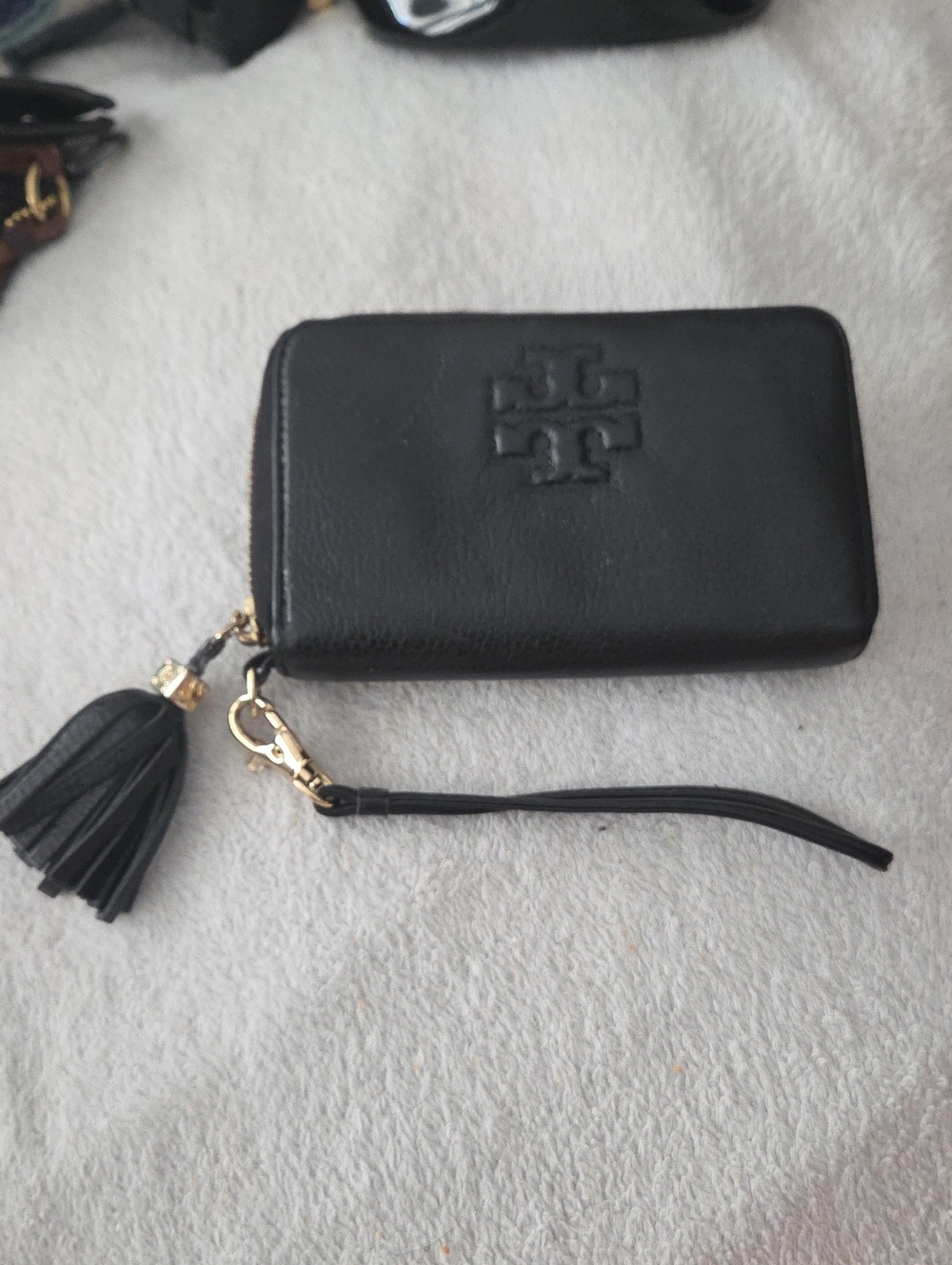 Tory Burch Black Leather Zip-Around Card Holder with Tassel